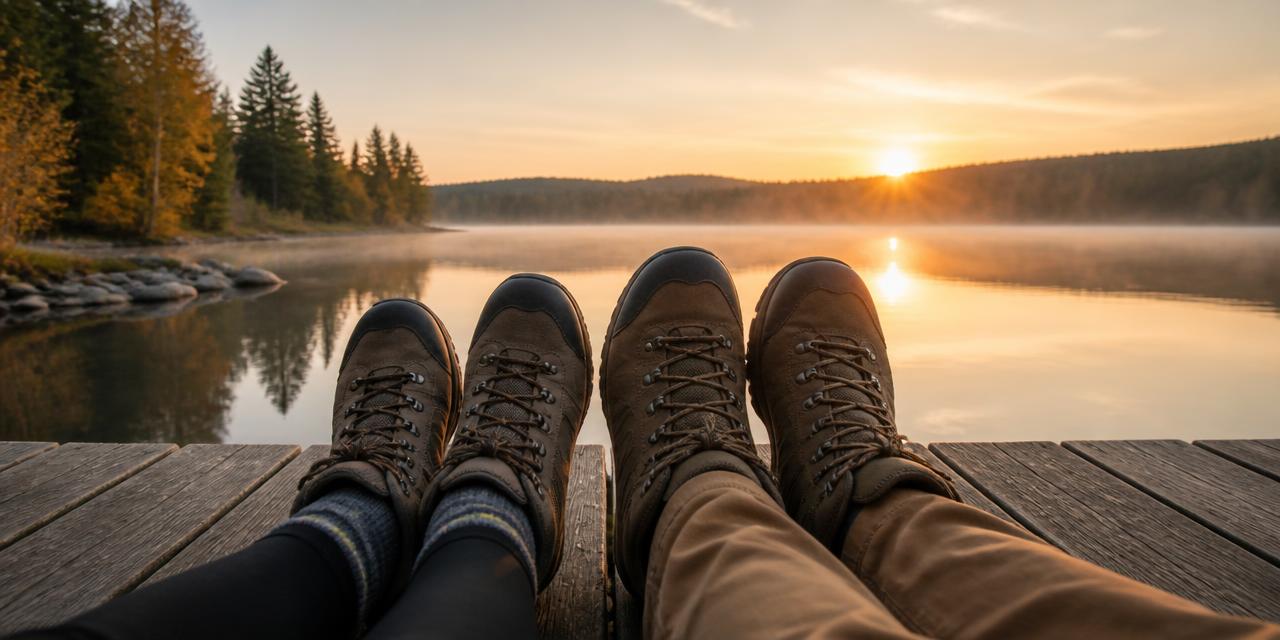 Two people resting side by side on a lakeside dock at sunrise