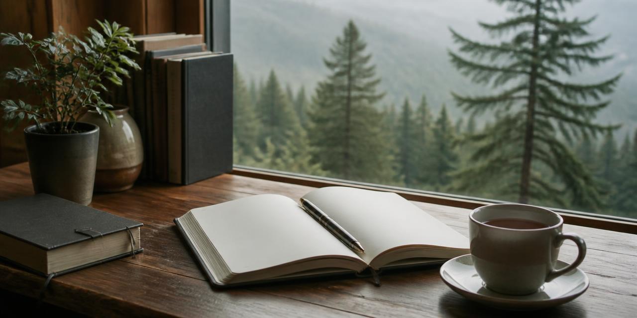 A quiet desk with an open notebook beside a window looking onto forest