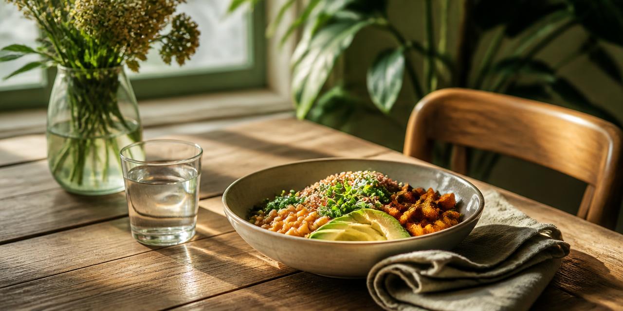 A simple bowl of whole food and a glass of water on a sunlit table